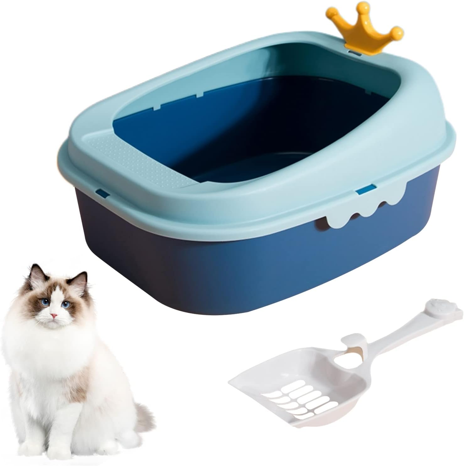 Cat Litter Box with Heightening Anti-Splashing Cat Toilet with Litter Sifting Scoop, Semi-Enclosed Removable Prevent Sand Leakage Deodorizing Cat Pan Easy to Clean and Assemble (Small, Blue) image number 5