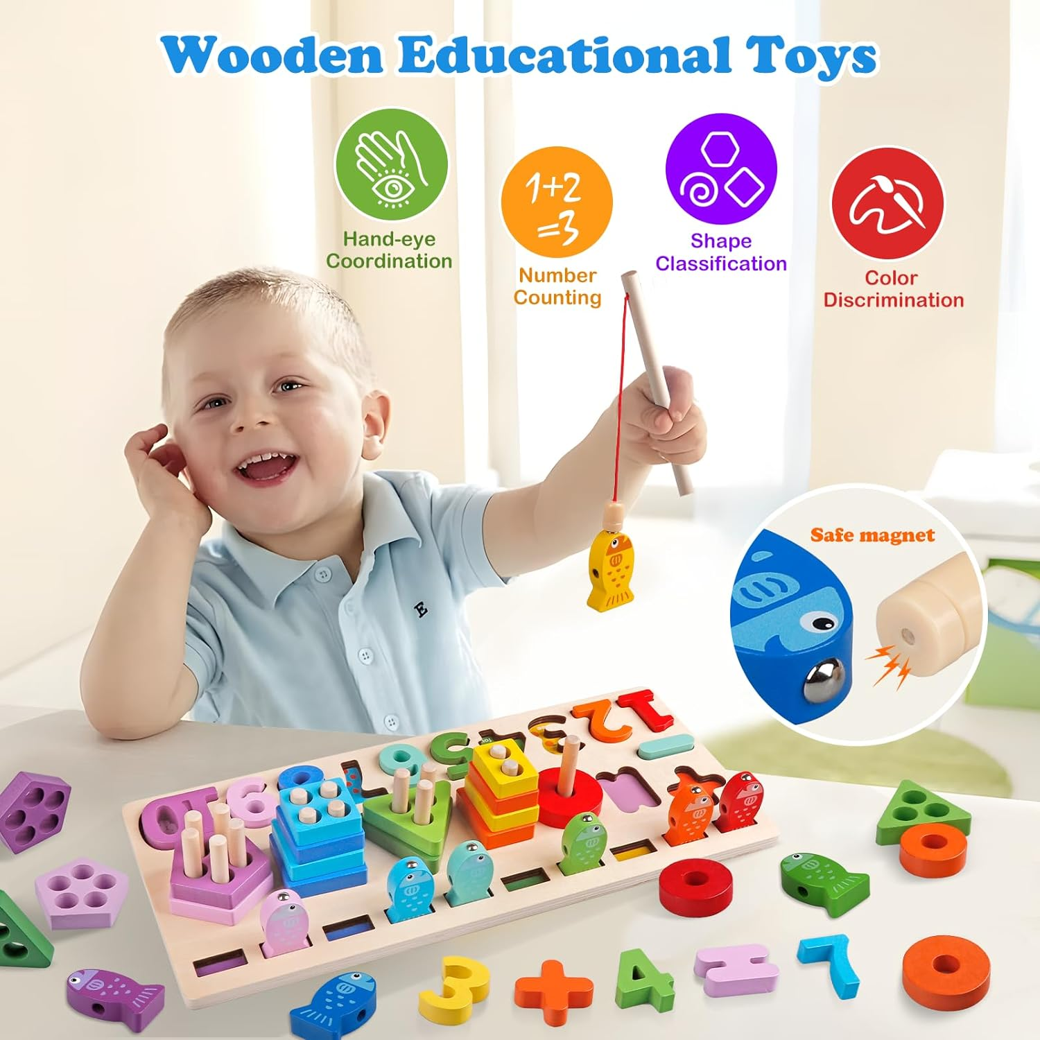 Montessori Toys for Toddlers 1-3 Year Old 5 in 1 Wooden Toys Sorting & Stacking Toys Magnetic Fishing Game Educational Toys for Age 2 3 4 Year Olds Boys Girls Birthday Gifts image number 4