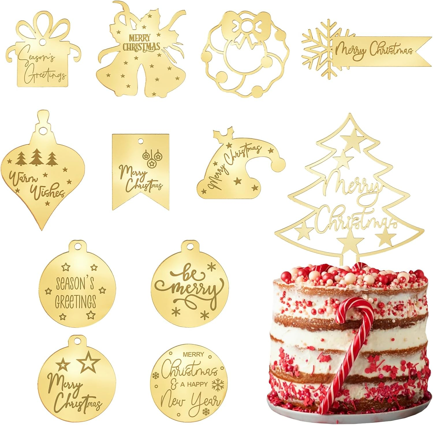 Christmas Cake Topper, 24Pcs Golden Mirror Irregular Merry Christmas Acrylic Cupcake Picks Christmas Themed Cake Discs for DIY Cake Charms image number 6