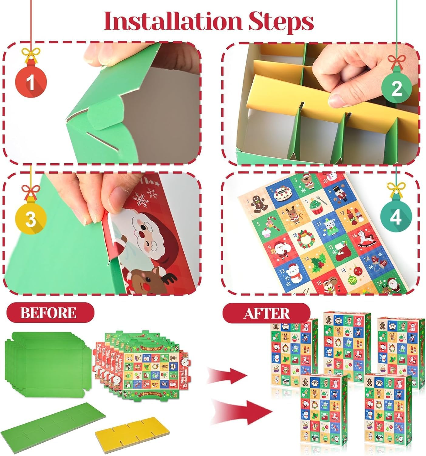 5 Pcs 2025 DIY Christmas Advent Calendar Empty Boxes,Make 24 Days Fillable Countdown Rectangle Boxes Gift,Xmas Surprise Gift Boxes,For Adults/Kids (25 * 17 * 4 Cm) image number 3