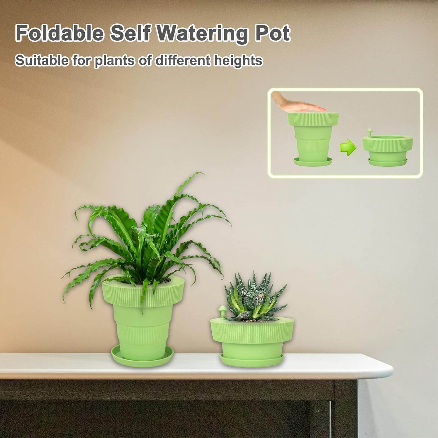 Self-Watering Indoor Plant Pots &ndash; Foldable Silicone Flower Pots with Drainage Holes and Saucers, Ideal for Home and Office Decor (Green) image number 1