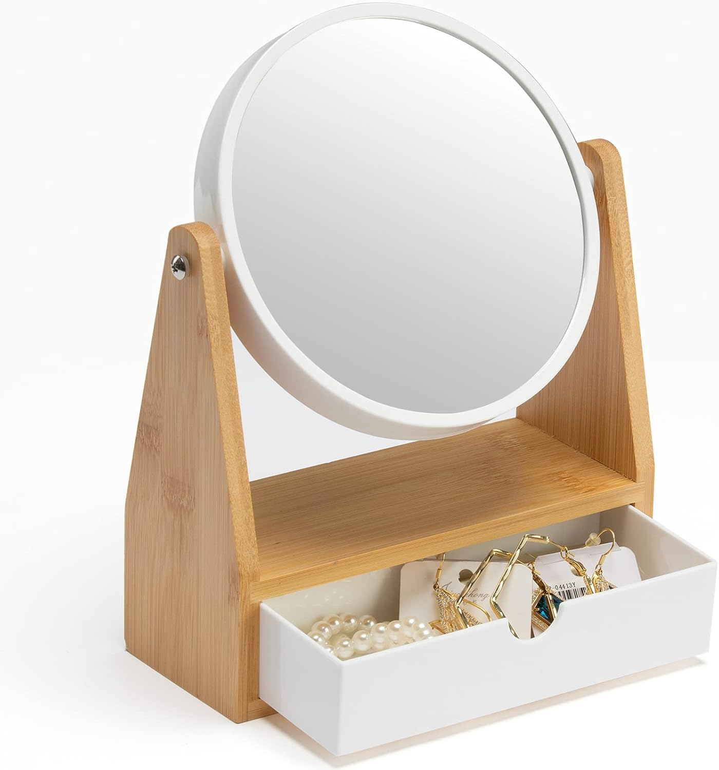 YEAKE Vanity Makeup Mirror with Natural Bamboo Stand, 10"L X 7.5"W, 1X/3X Double Sided Magnifying Mirror with Drawer, Portable Tabletop Mount, Bathroom Shaving Mirror (Round) image number 1