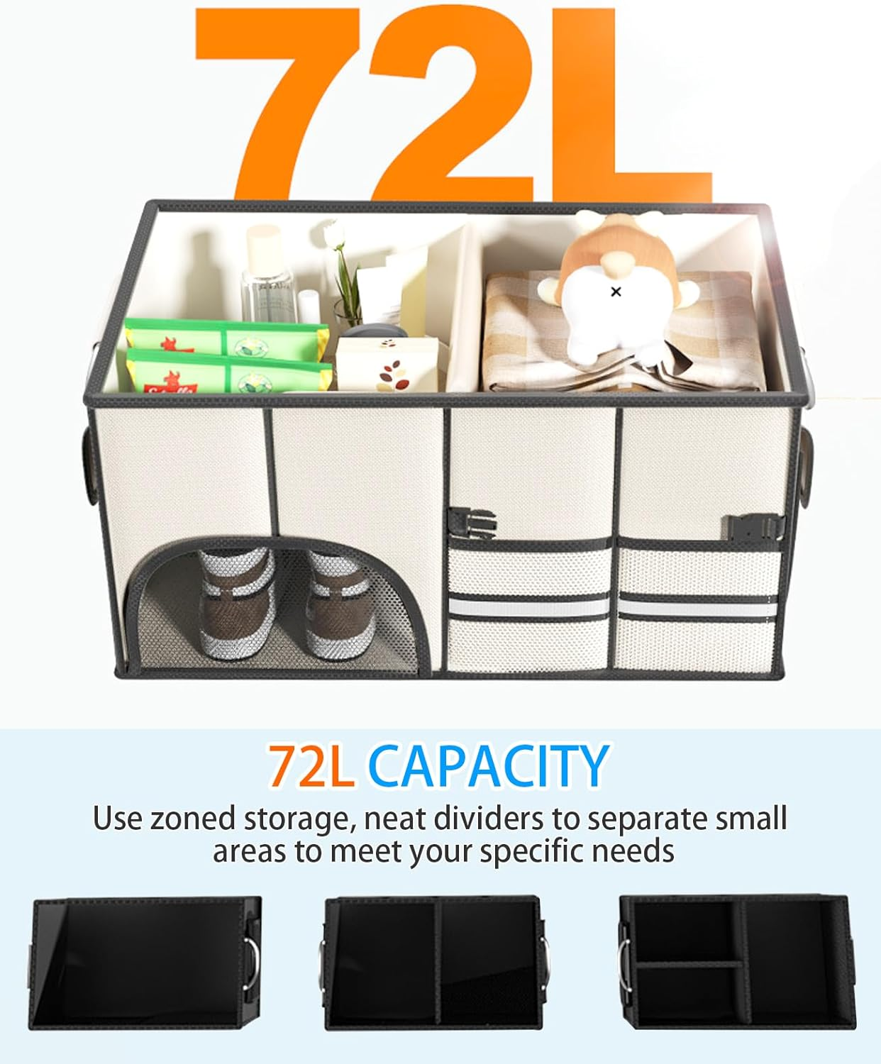 72L Car Trunk Organizer, Collapsible Car Storage Container with Lid, Multi Compartments Car Storage Organizer with Reflective Strip for SUV, Truck, Sedan (Beige)