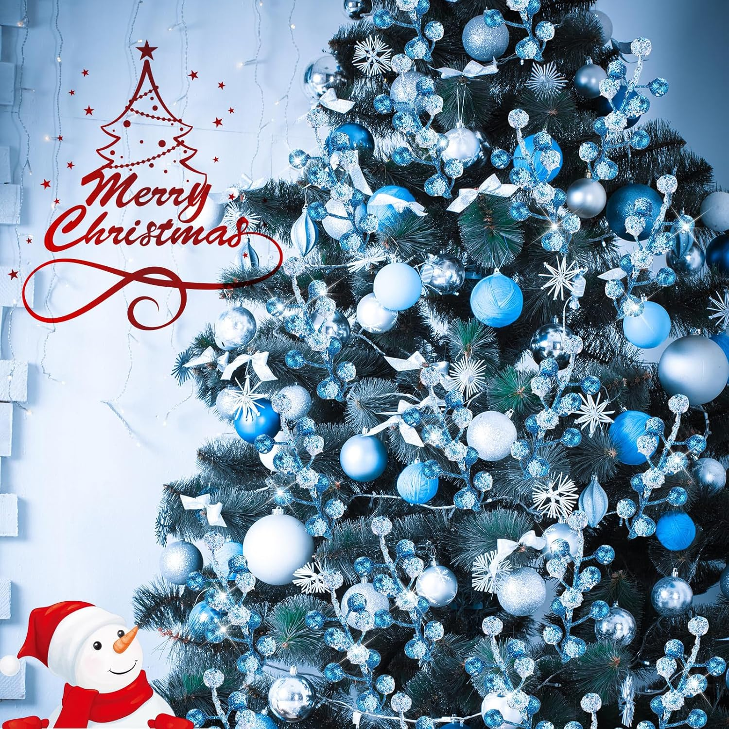 Geosar 30 Pieces Artificial Christmas Berry Picks with Snowflake Glitter Artificial Holly Berry Stems for Christmas Tree Ornaments Vases DIY Crafts Home Wedding Party Holiday Decor(Light Blue) - Baby Blue image number 3