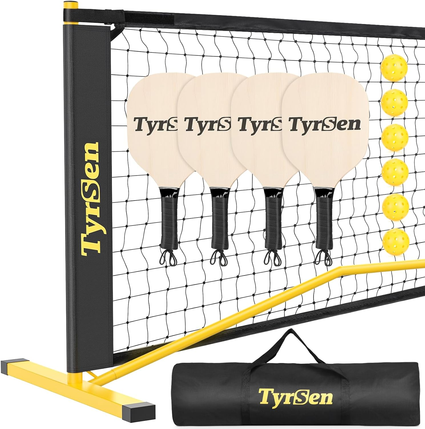 Portable Pickleball Net on Wheels, 22FT Pickleball Net for Driveway Backyard, Strong PE Net, Metal Frame, 4 Balls, 1 Carry Bag, Pickleball Net System for Indoor & Outdoor Play