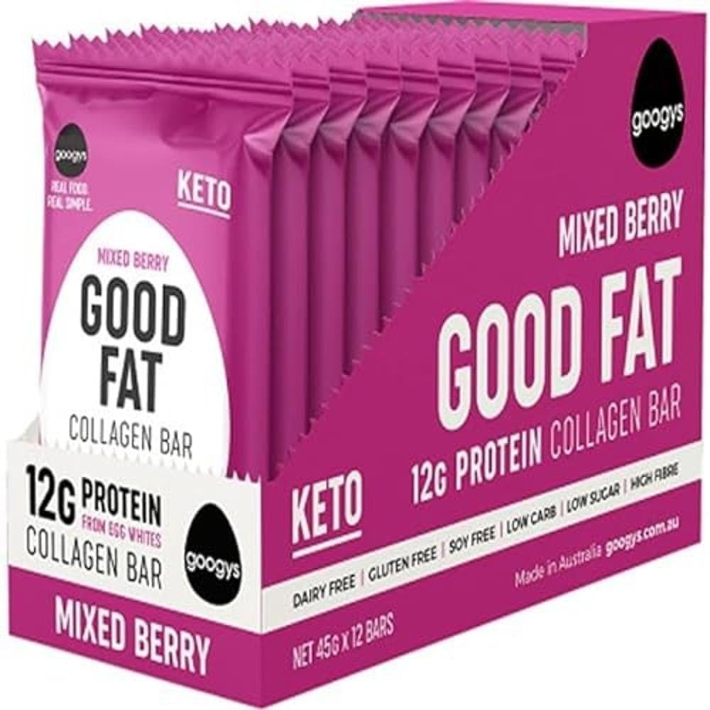 Googys Good Fat Keto Mixed Berry Collagen Bars 12 X 45 G