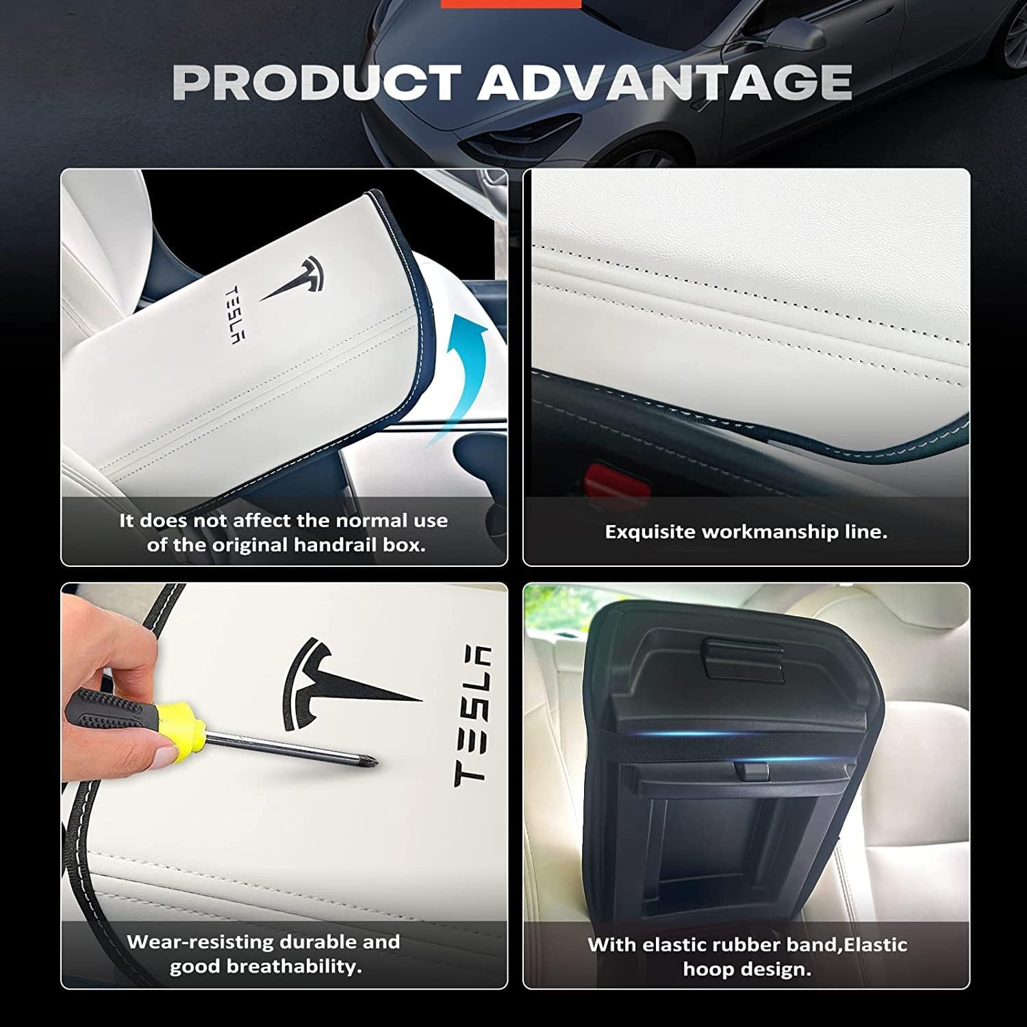 Car Armrest Cover for Tesla Model 3 Model Y,Hoidokly PU Leather Center Console Protector Pad Automobile Waterproof Armrest Box Mat for Model 3 Model Y (White) image number 6