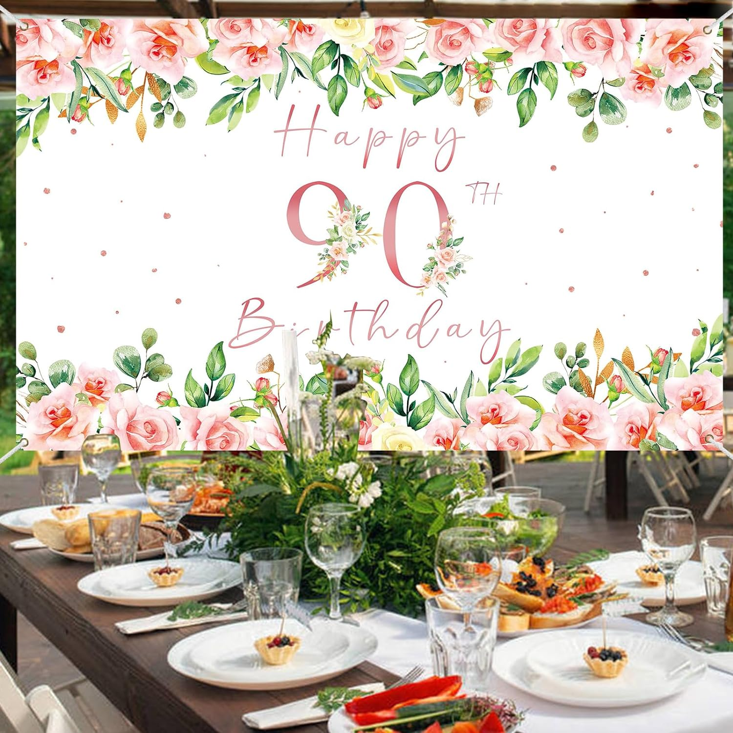 Crenics 90Th Birthday Decorations for Women, Rose Gold Floral Happy 90Th Birthday Banner Backdrop for Female 90 Birthday Party Supplies, 5.9 X 3.6 Ft image number 6