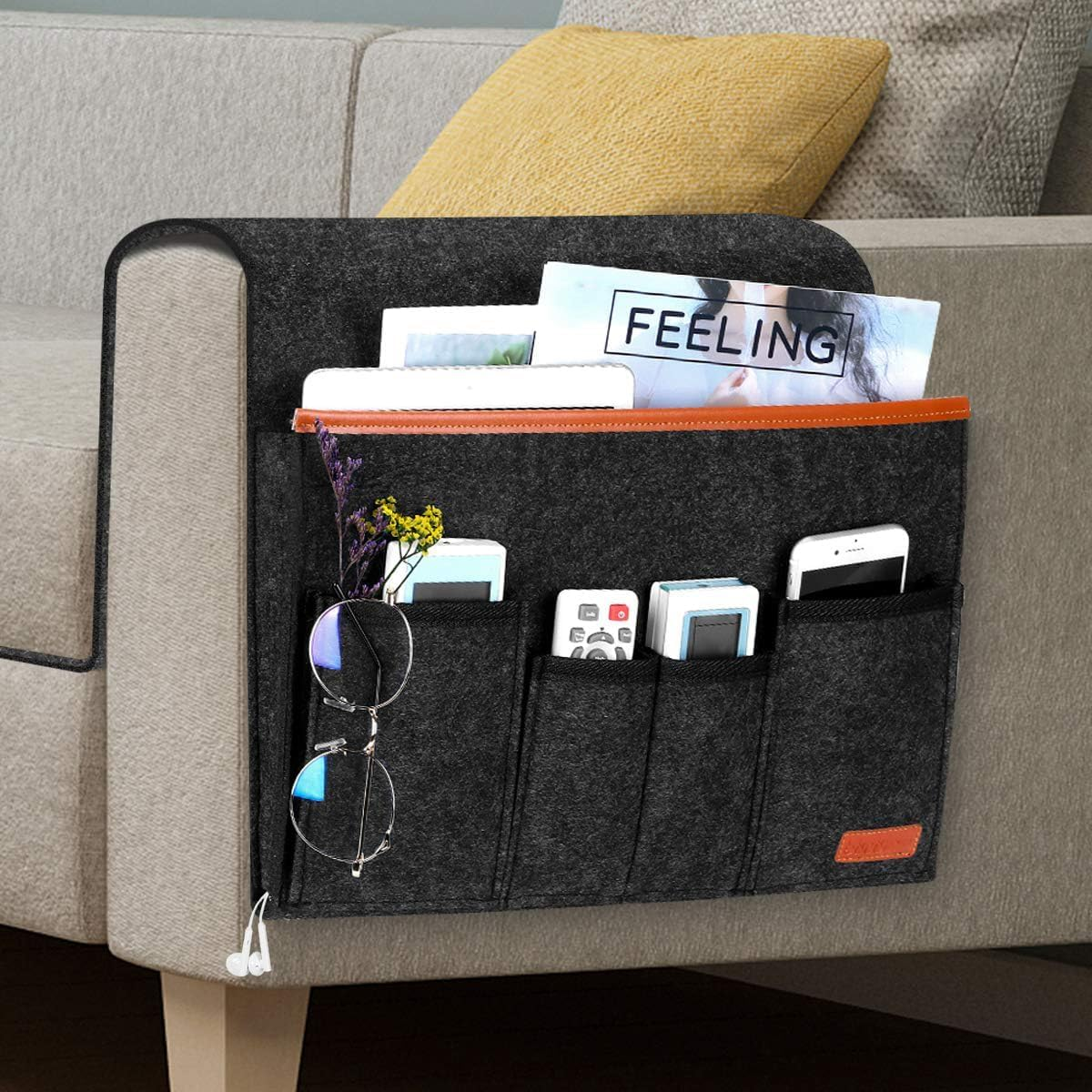 Sofa Armrest Organizer, Hanging Sofa Caddy Storage Bag with Long Flap and Hook, Sofa Remote Control Holder Bag with 5 Pockets for Magazine, Glasses, Tablet, Phone, Ipad, Non-Slip (Grey)