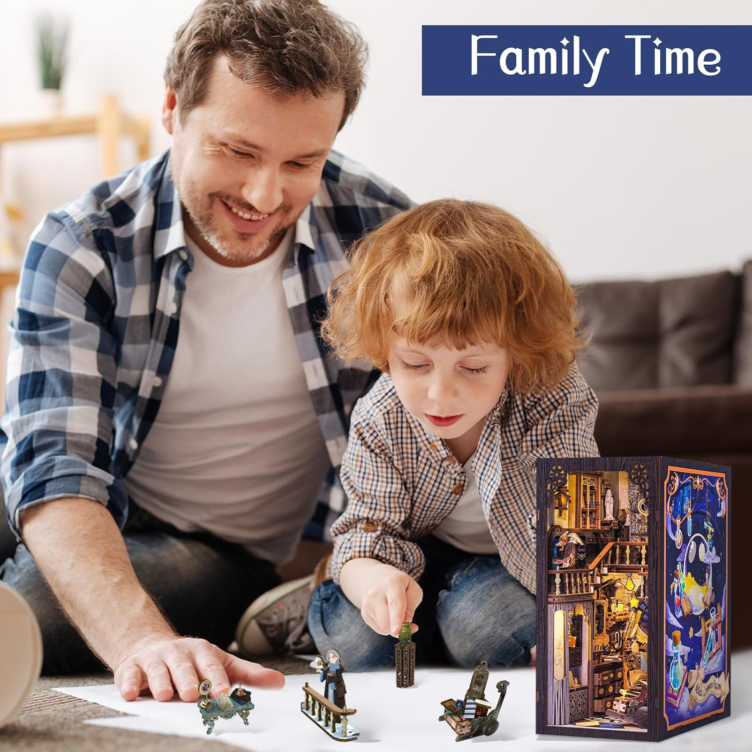 CUTEBEE DIY Book Nook Kit, 3D Wooden Puzzle Bookends DIY Dollhouse Miniature House Kit Bookshelf Decor Booknook Model Kit Book Nook Kits for Adults (Nebula Common Room) image number 3