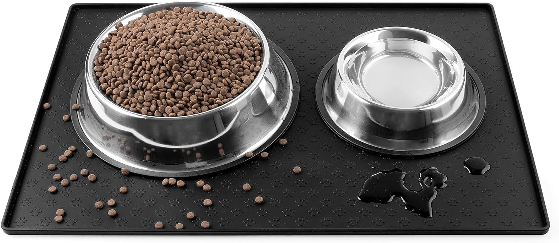 Coomazy Cat & Dog Food Mat, Sillicone Waterproof Pet Bowl Placement Tray to Stop Food Spills and Water Messes Out to Floor (M: 48X30Cm/18.9X11.8In, Grey)
