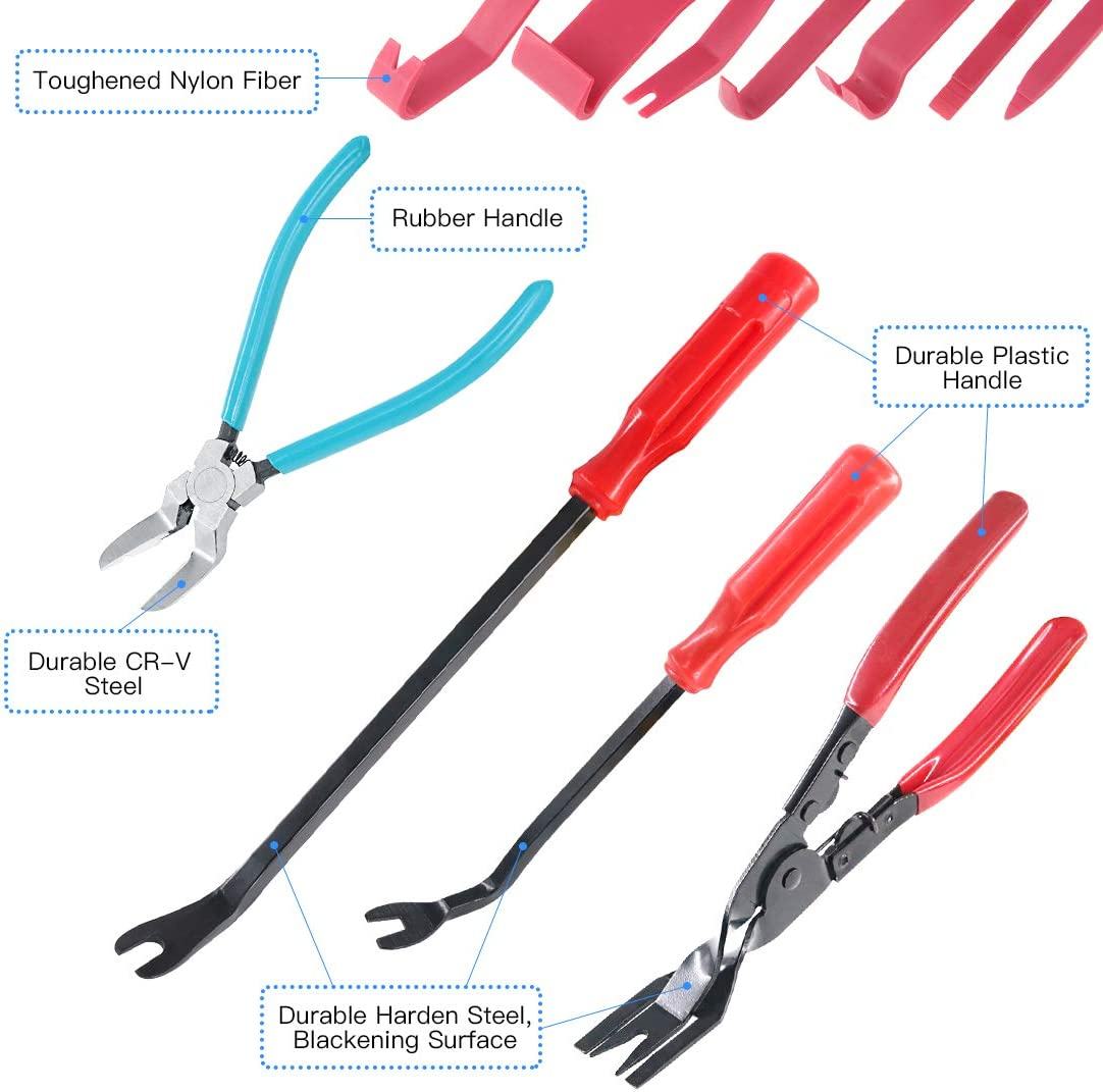 Glarks 11Pcs Auto Trim Removal Tool Kit, Universal Car Panel Trim Upholstery Rivets Clip Puller Plier Fastener Remover Automotive Door Panel Trim Removal Tool for Car Door Panel Dashboard image number 1