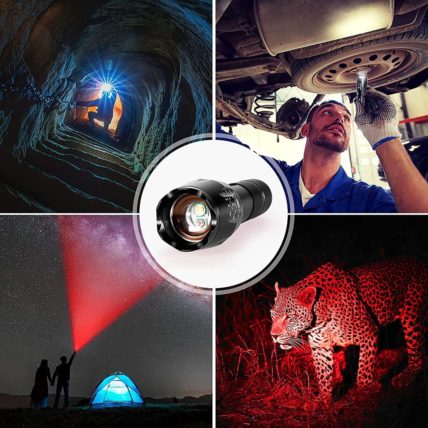 Red and White Light Handheld LED Flashlight, 2In1 Super Bright Zoomable Aluminum Alloy Torch for Camping Hiking Caving Indoor Outdoor image number 2