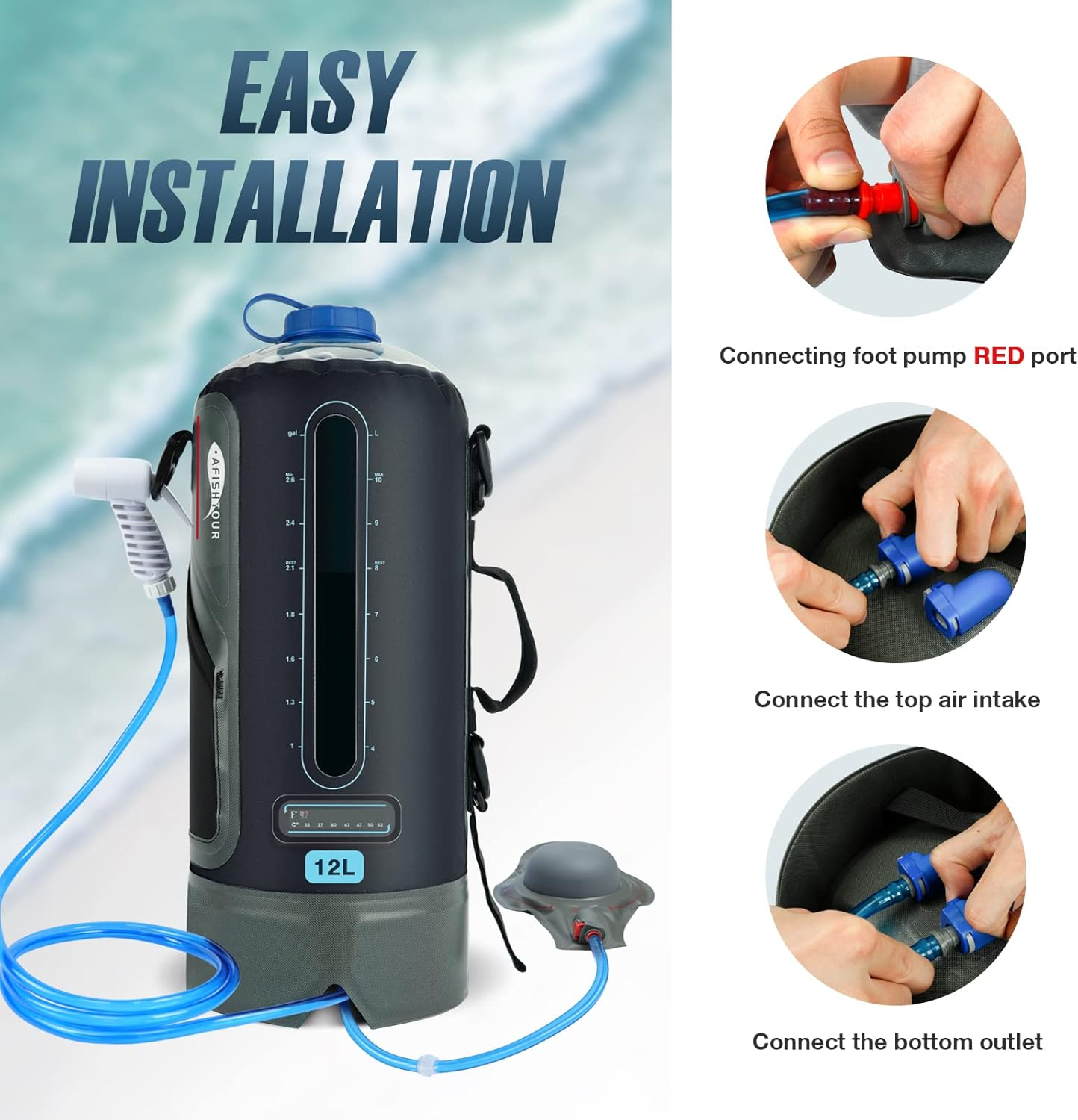 Portable Camping Shower Bag, Camping Accessories for Camping Shower, 12L/3.17 Gallons Solar Waterproof Portable outside Shower Bag with Portable Water Pump and Shower Head Hose