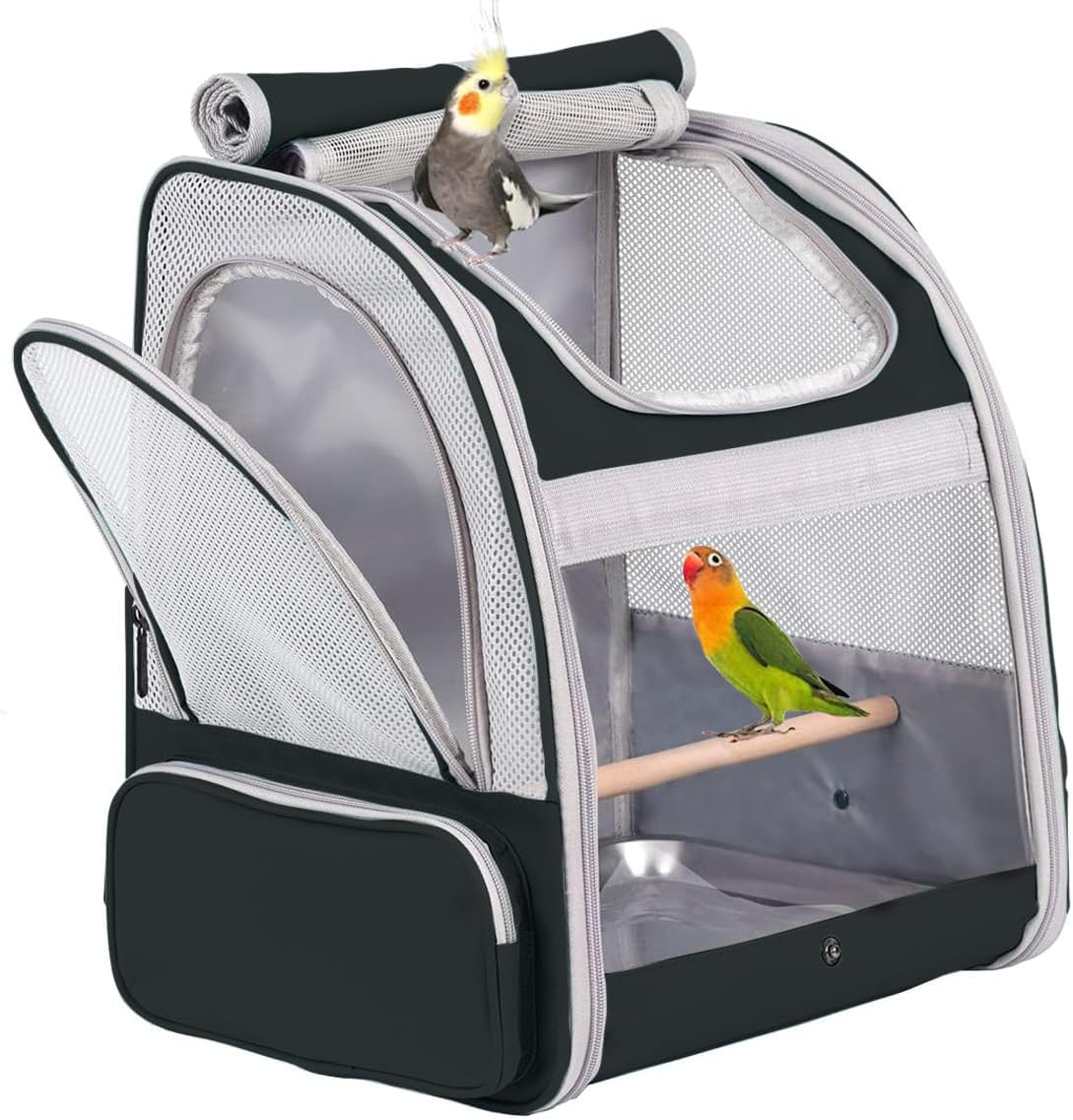 C&L Bird Carrier Backpack with Stand Perch, Bird Travel Backpack for Hiking, Airline Approved, Bird Treats and Toys (Grey, Bird Carrier Backpack)