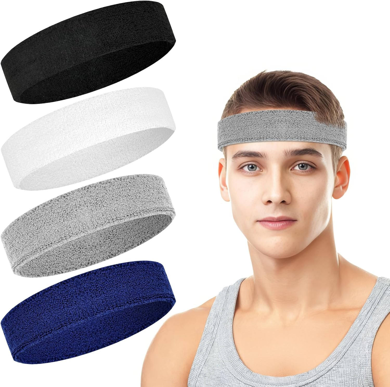 4 Pack Headbands for Men, Sweat Bands Headbands Men & Women, Cotton Terry Sweat Bands for Tennis, Basketball, Running, Gym, Working Out image number 5