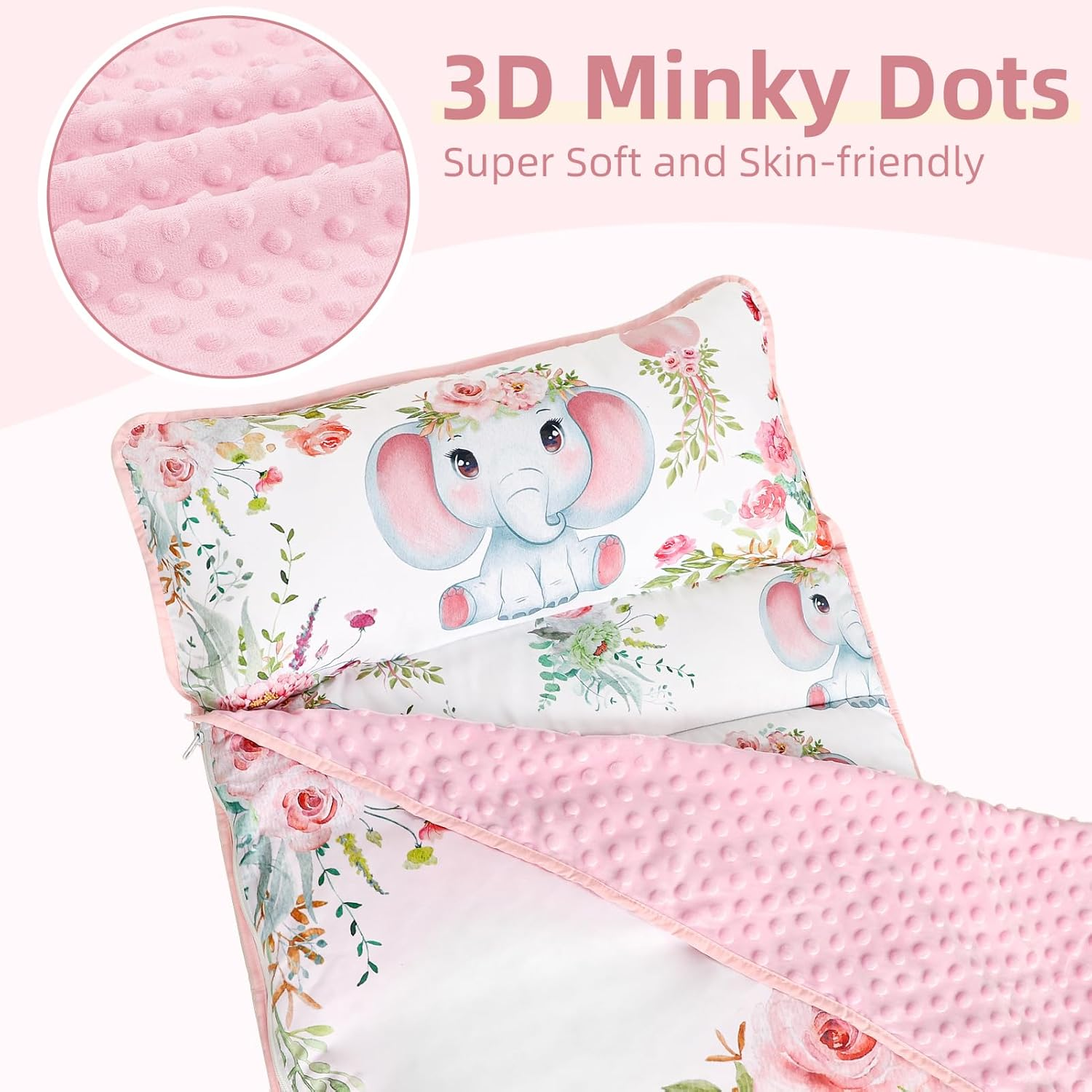 Toddler Nap Mat for Preschool, Soft Sleeping Mats for Kids Boys Girls, Detachable Zipper, 55" X 23" Fit Stackable Kiddie Cot, Pink Elephants image number 4