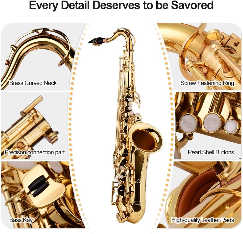 Tignapoo Bb Tenor Saxophone Sax Brass Body Gold Lacquered Surface Woodwind Instrument with Carry Case Gloves Cleaning Cloth Brush Sax Neck Straps image number 5