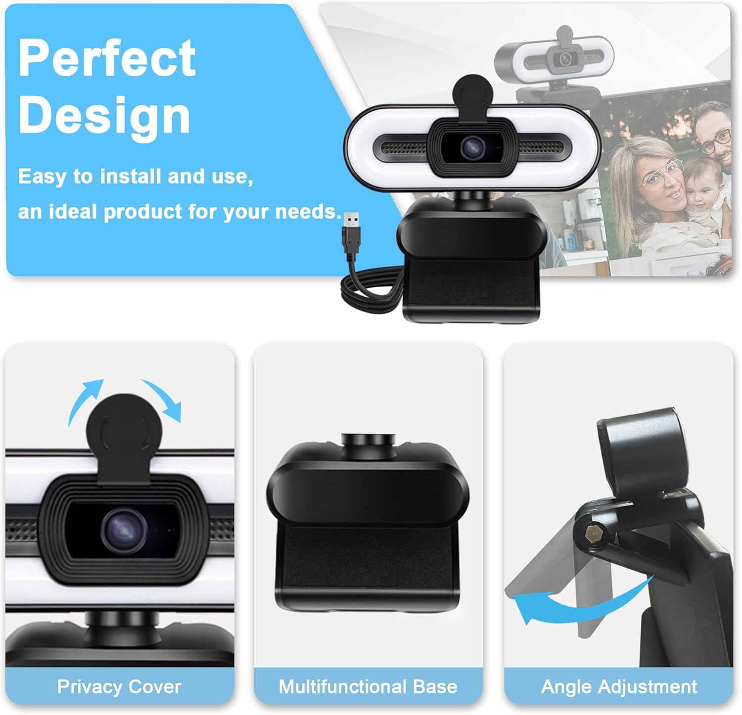 4K Webcam Streaming Webcam with Light and Privacy Cover, Noise-Reducing Dual Microphone,360 Degree Rotable Auto Focus Web Camera image number 3