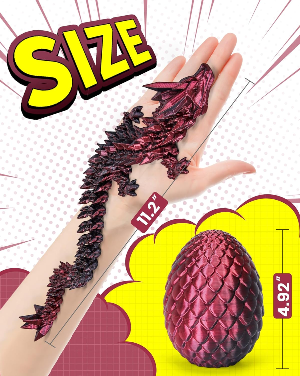 3D Printed Dragon Egg with Articulated Dragon inside - Adult Fidget Toys for Autism ADHD (Black Red) - Laser Yellow Green-12Inch image number 7