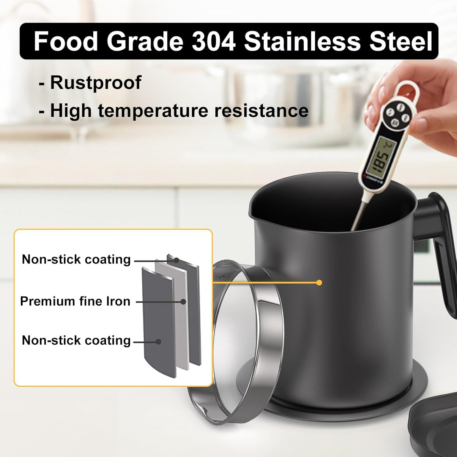 Bacon Grease Container with Fine Mesh Strainer - 1.7L / 6.8 Cups Cooking Oil Storage Can with Removable Dustproof Lid and Coaster Tray - Oil Pot for Used Cooking Oil, Fat, Frying Oil, Kitchen Fat