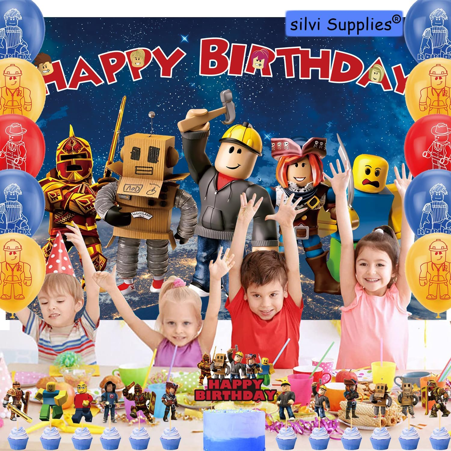 Roobox Birthday Decorations, Roobox Birthday Party Supplies for Video Game-Themed Party, Include Backdrop, Balloons, Banner, Cake Toppers,Cupcake Toppers image number 2