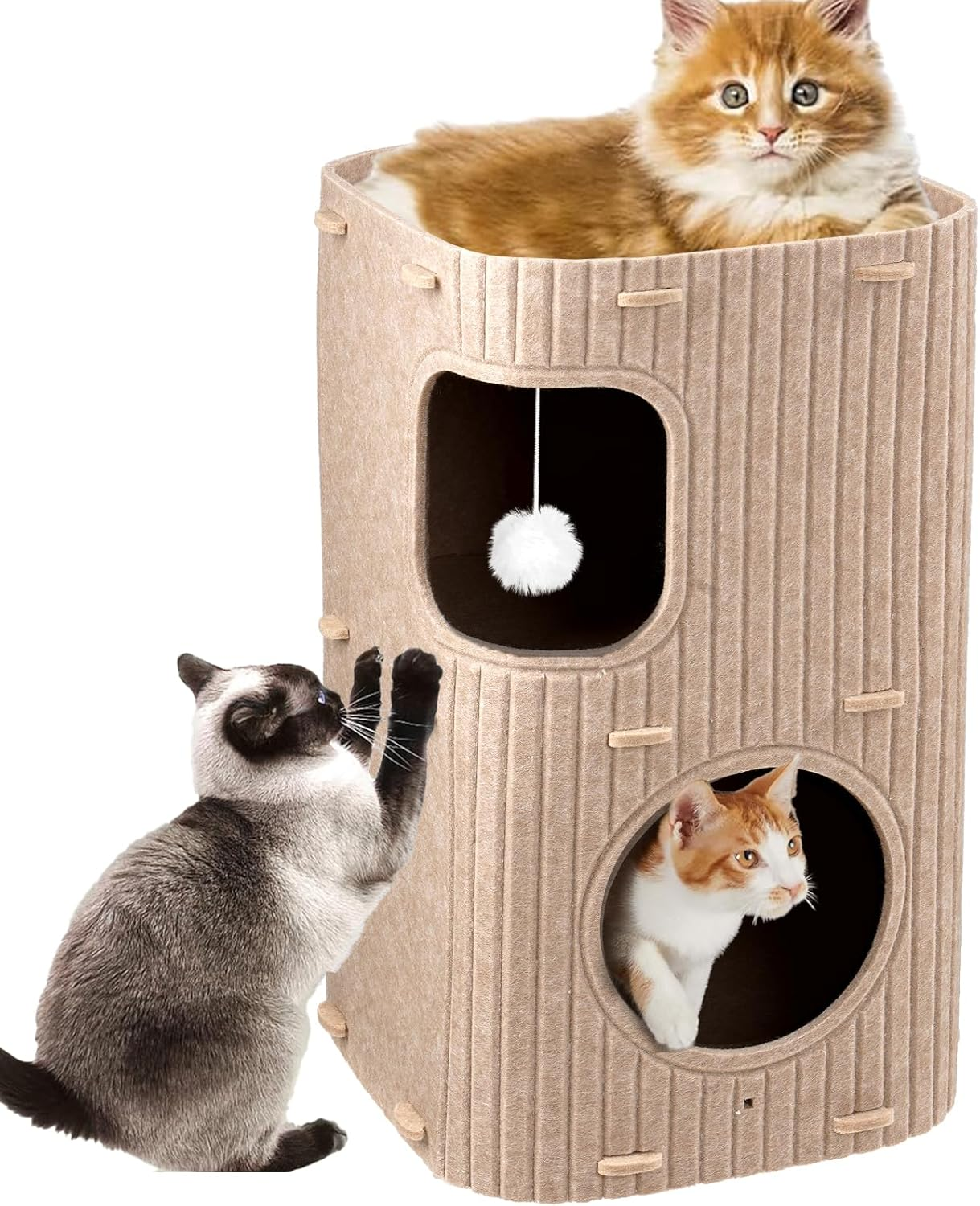 Cat House for Indoor, 2-Tier Cat Cave Beds, Pet Cat House Foldable, Hideaway Cube with Scratch Pad, Ball Hanging and Cushions, for Multi Small Pet Kitten