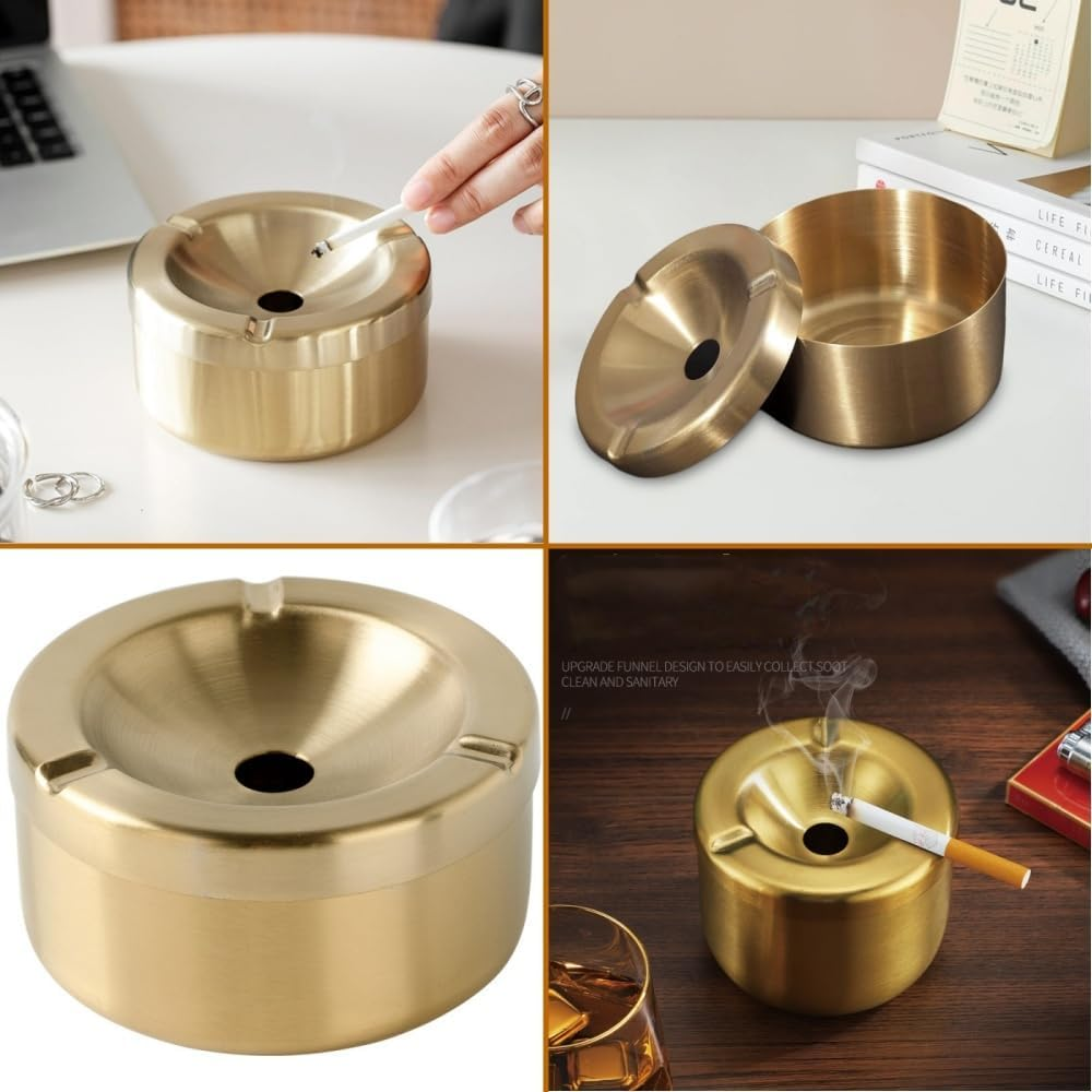 1 PCS Stainless Steel Windproof Ashtray Removable Lid - Indoor and Outdoor Use - Easy to Clean, Durable, Modern Design for Cigarettes and Cigars (Gold) image number 4