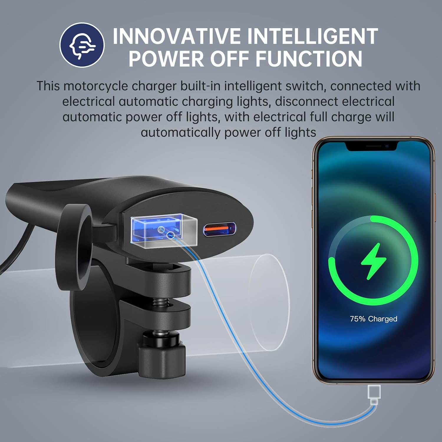 Tignapoo Motorcycle Phone Charger Dual USB A/C Quick Charge 3.0 Motorcycle USB Charger Intelligent Power Outage Waterproof Motorcycle Accessories for Phone, Tablet, GPS image number 1