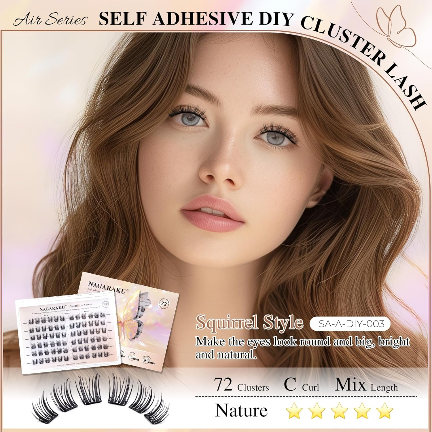 NAGARAKU Pre Glued Cluster Lashes Air Series Eyelashes Squirrel Style 72 Pcs No Glue Needed Pre-Bond Eyelashes Self Adhesive DIY Lashes（0.07Mm C Curl Mix Length) image number 6