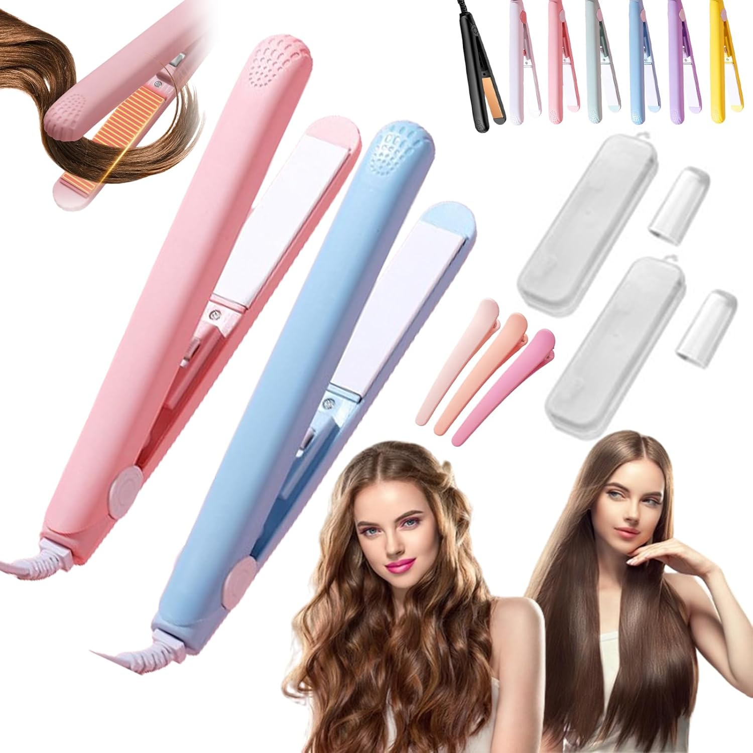 Portrayi Mini Dual-Purpose Curling Iron, Mini Curling Iron for Short Hair, Ceramic Mini Hair Curler, 2 in 1 Mini Hair Curler, Mini Curling Wand & Flat Iron Hair Straightener Travel Size (2Pcs-A)