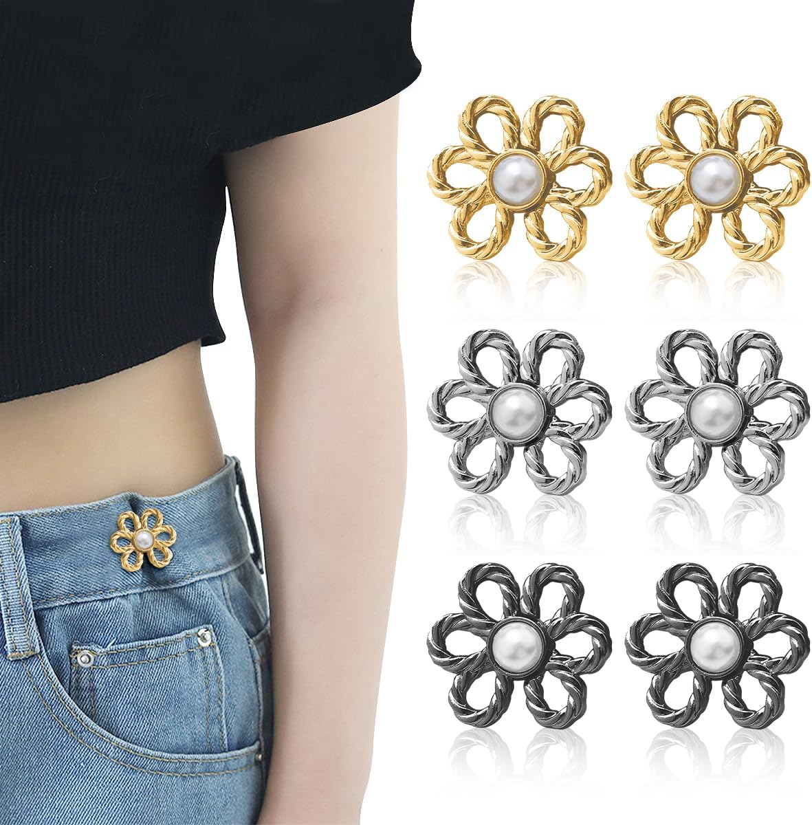 Pant Waist Tightener, 6 PCS Flower Shape Adjustable No Sewing Buttons for Loose Jeans, Pants, Skirts, Sleeves (3 Styles) image number 6