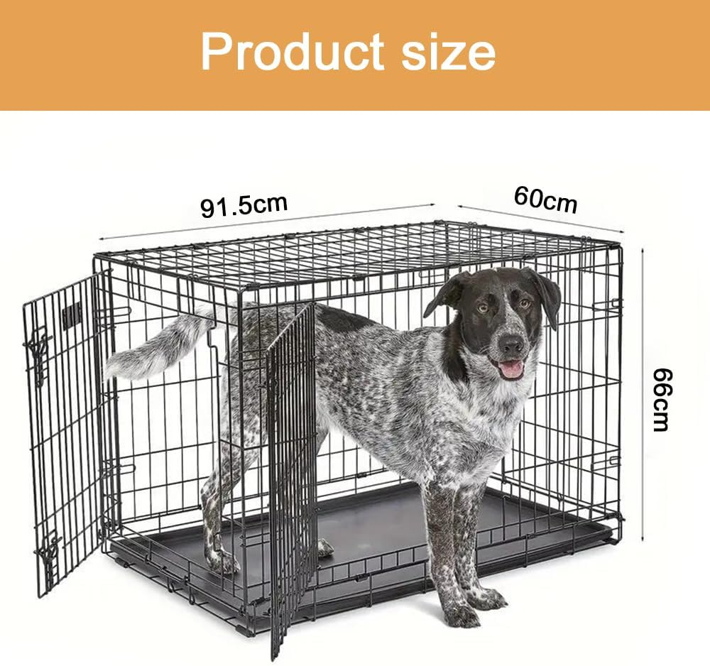 36" Dog Crate Cage, Double Door Folding Dog Cage, Pet Kennel Crates with Removable Tray, Dog Fence House Outdoor Indoor Portable Carrier
