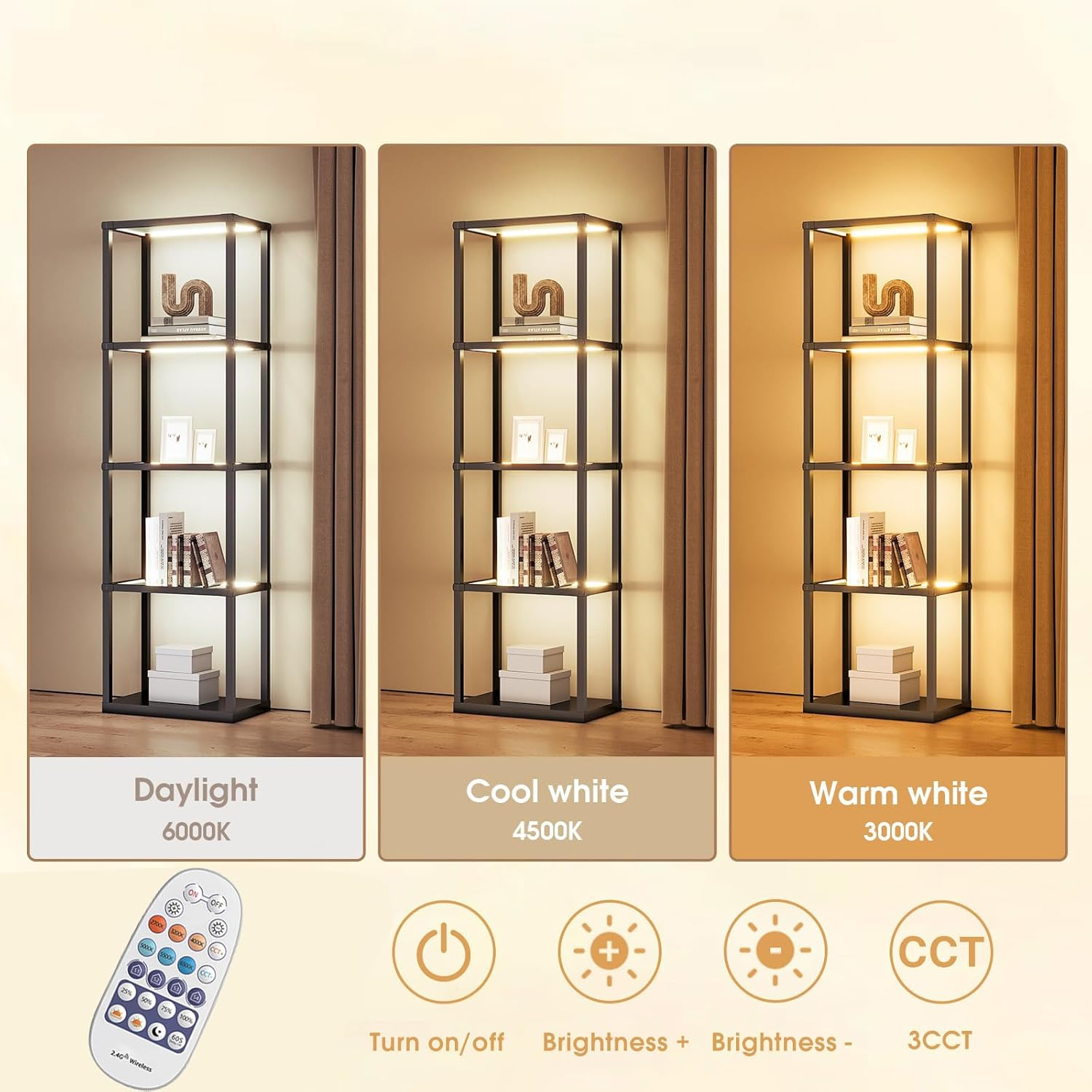 Display Shelf with Light, 5-Tier Tall Display Shelf with Dimmable LED Floor Lamp, 169Cm Floor Lamp with Shelves, Glass Display Shelves for Bedroom Decor image number 1