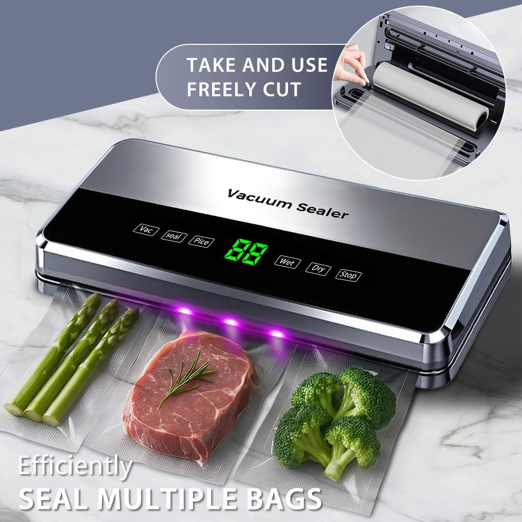 Food Vacuum Sealer for Meal Prep,Food Packer Equipped with Vacuum Bags,Built-In Cutter,Automatic Vacuum Sealer Machine Kit Dry Moist Seal Pulse Canister Mode Good for Leftovers,Sous Vide,Freezing image number 5