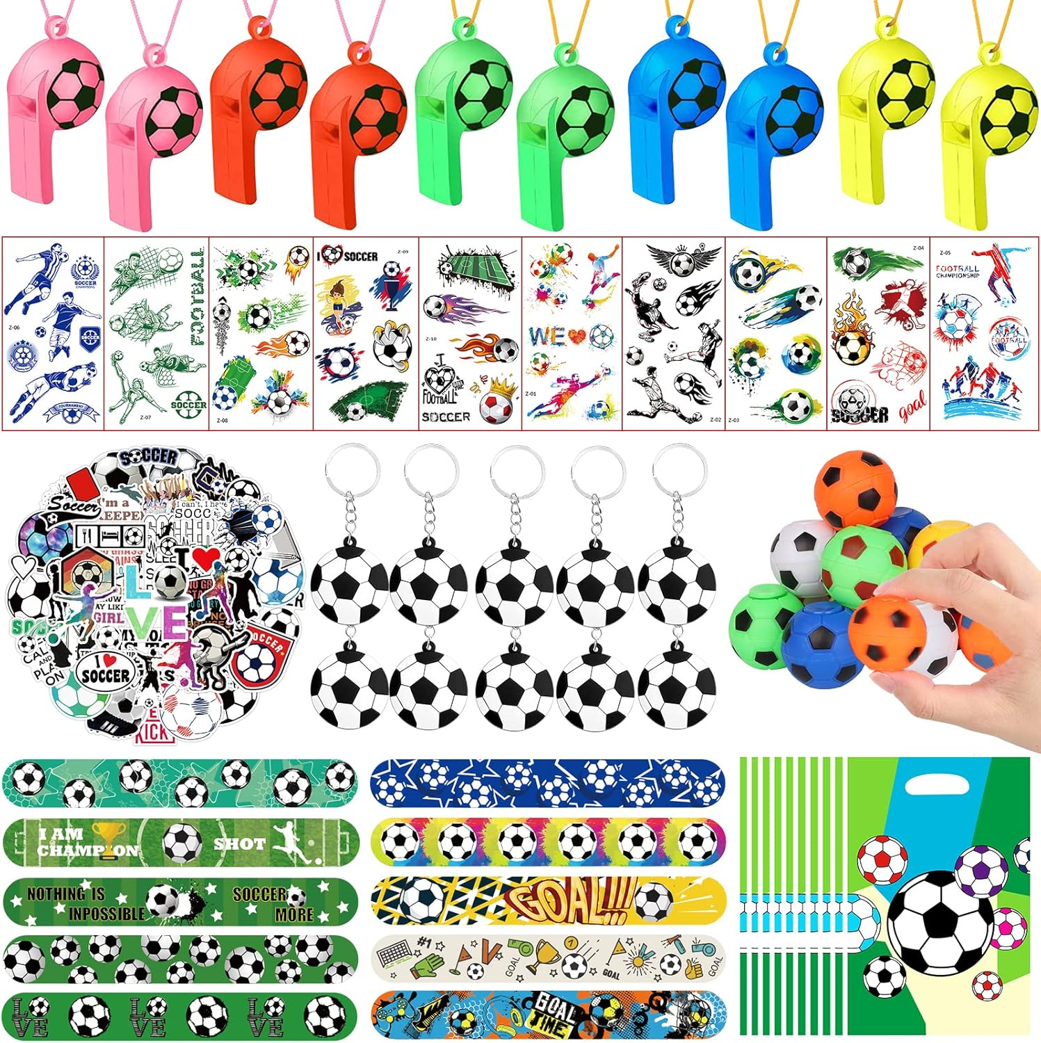 YUJUN 112 PCS Soccer Party Favors Set , Soccer Toy Soccer Fidget Spinners Slap Bracelet Whistle Tattoos Stickers Keychains for Kids Soccer Themed Birthday Party Favors Goodie Gifts Bags Decorations image number 3