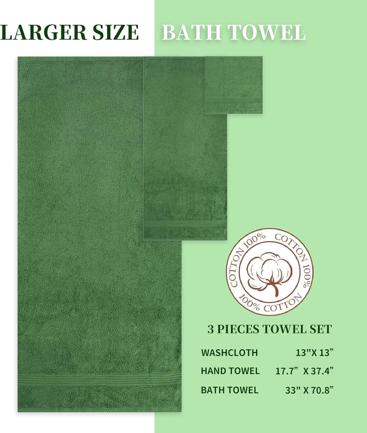 Towels for Bathroom - Ultra Soft Luxury Bath Towels Set of 3, 1 Oversized Bath Towel 1 Hand Towel 1 Washcloth, 100% Cotton Towels, Highly Absorbent, Quick Drying Larger Size Bath Towel Sheets - Green image number 6