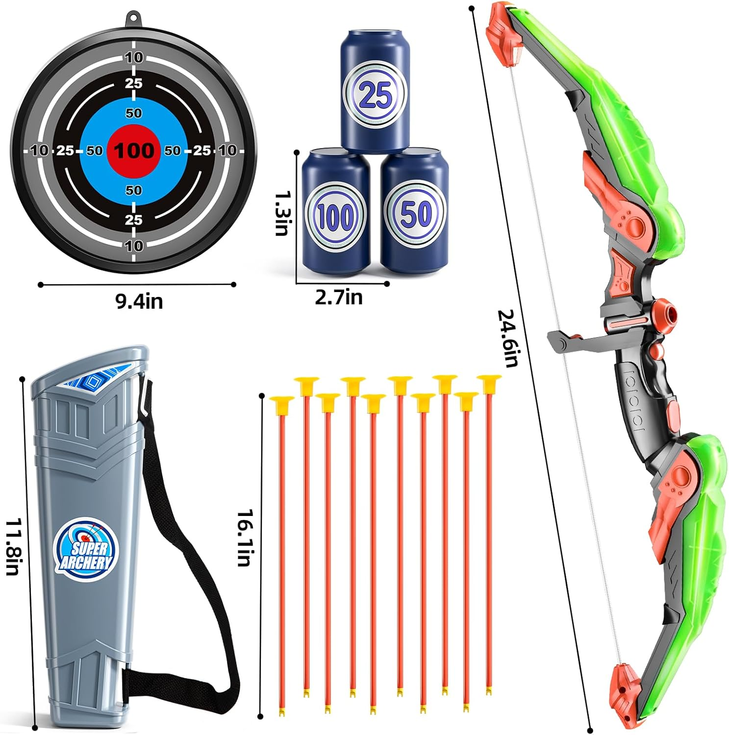Kids Bow and Arrow Set, LED Light up Archery Toy Set with 10 Suction Cup Arrows,Target & Arrow Quiver, Bow and Arrows Set Toys 3 4 5 6 7 8 9 10 11 12 Year Old Kids Boys Girls (Green)