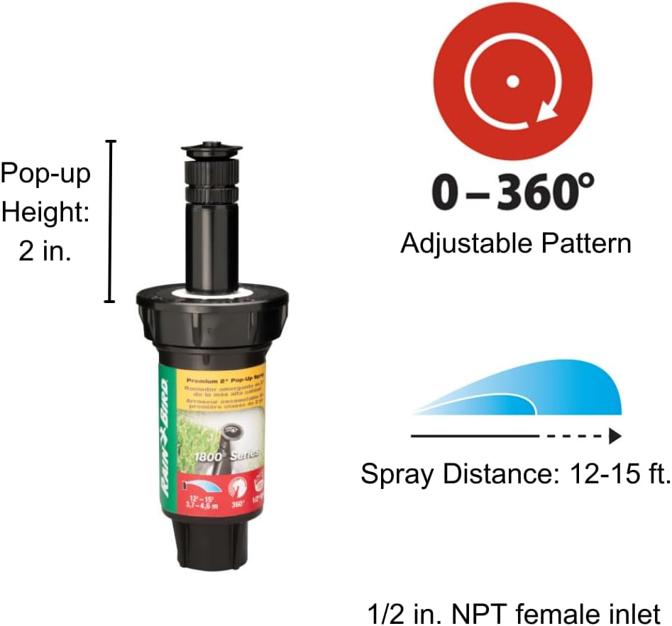 Rain Bird 1802VAN Professional Pop-Up Sprinkler, Adjustable 0-360&deg; Pattern, 8' - 15' Spray Distance, 2" Pop-Up Height image number 4