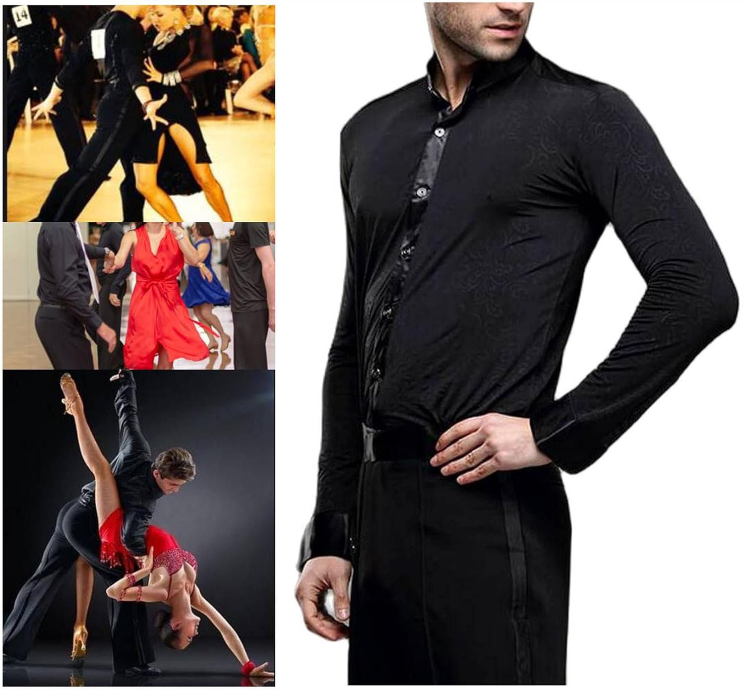Men Professional Black Noble Dark Stripe Long Sleeves Latin Salsa Samba Chacha Modern Dance Shirts image number 3