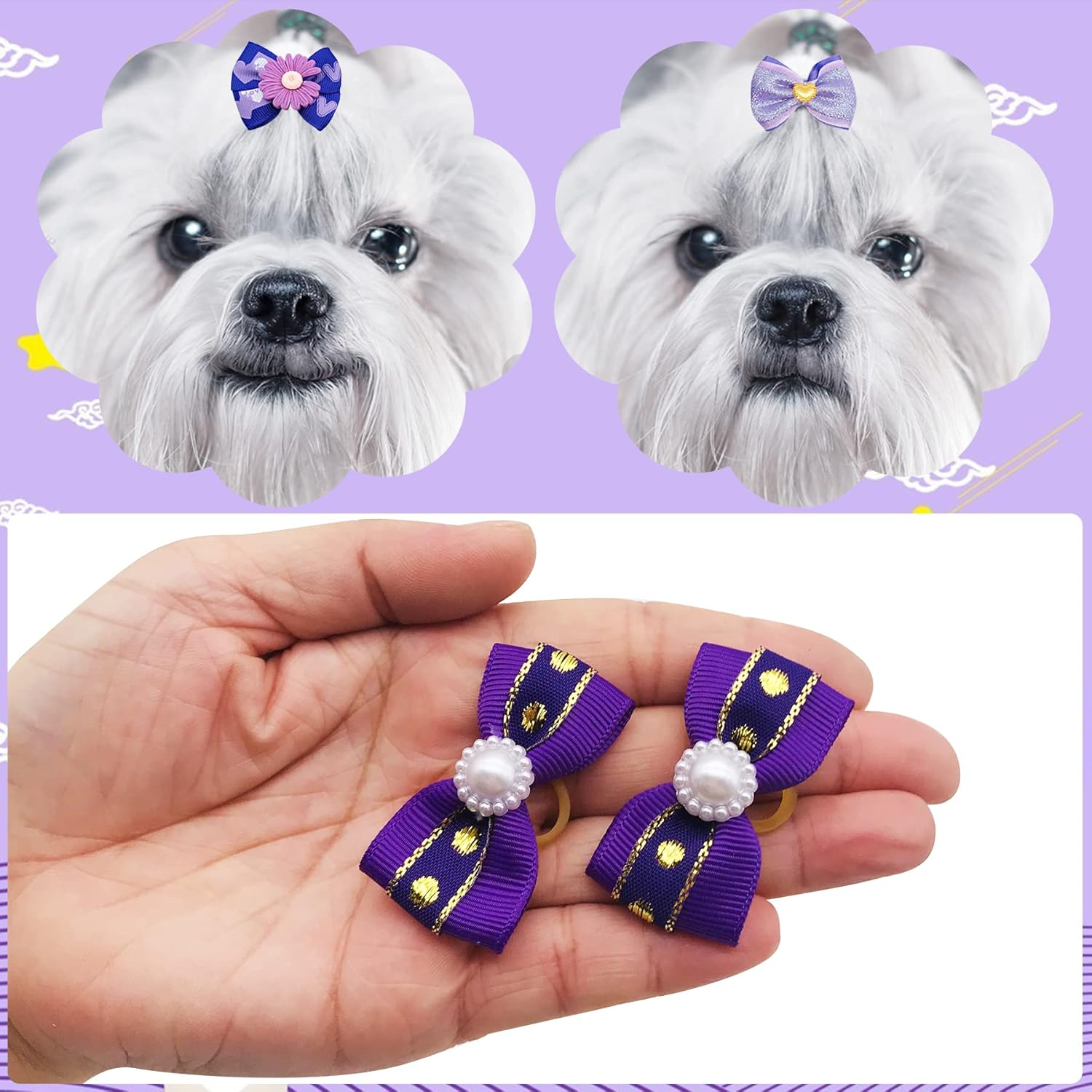 30PCS/15PAIRS Purple Dog Hair Bows with Rubber Bands Puppy Hair Bowknot Top Knot Elastic for Girl Female Doggy Cat Rabbit Poodle Pet Animal Grooming Accessories Attachment&hellip; image number 5