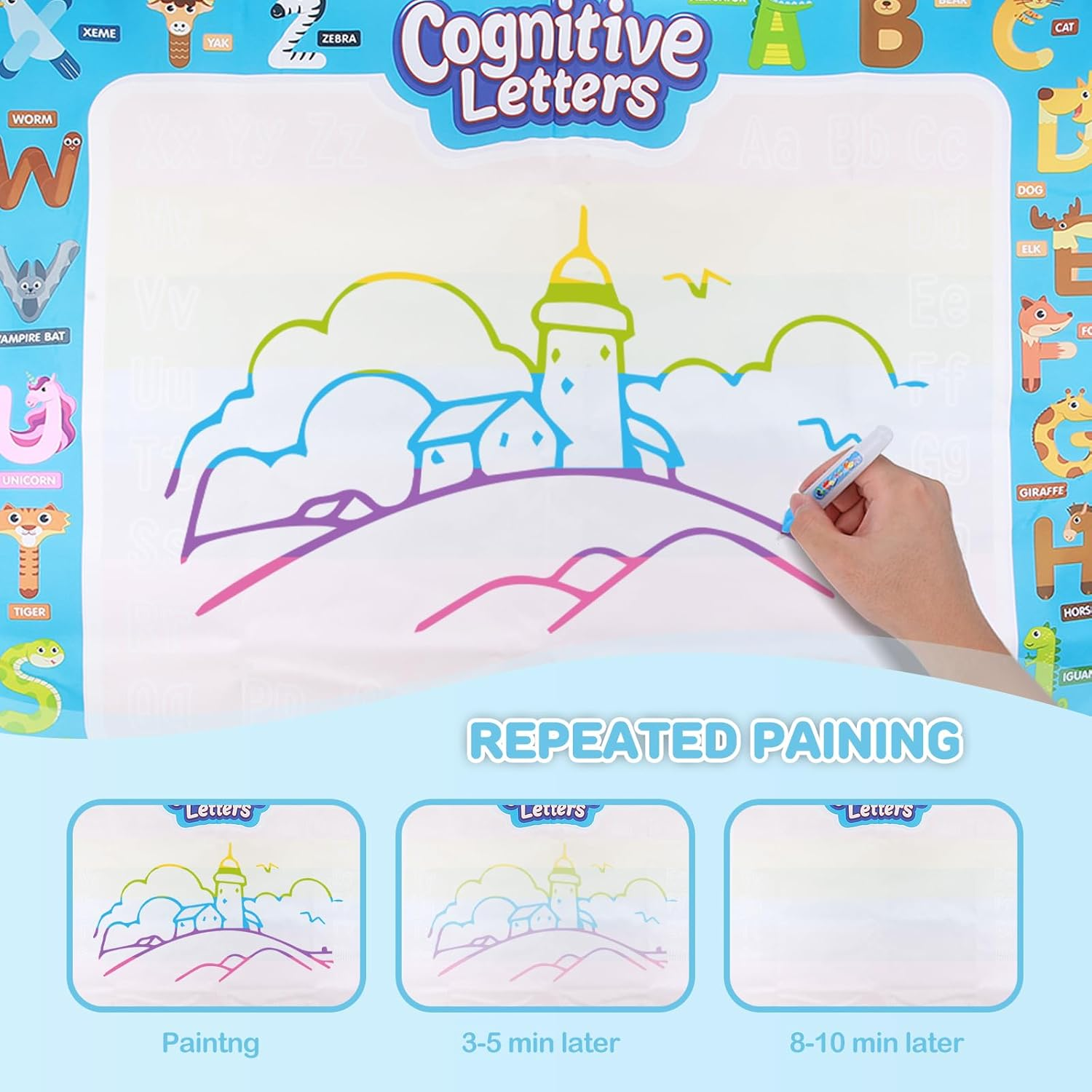 JOTO Magic Aqua Water Doodle Mat, Extra Large Drawing Coloring Mat Painting Writing Board with Accessories Educational Learning Toy for Kids Toddlers Boys Girls Age 3 4 5 6 7 8 Year Old -Mixed image number 4