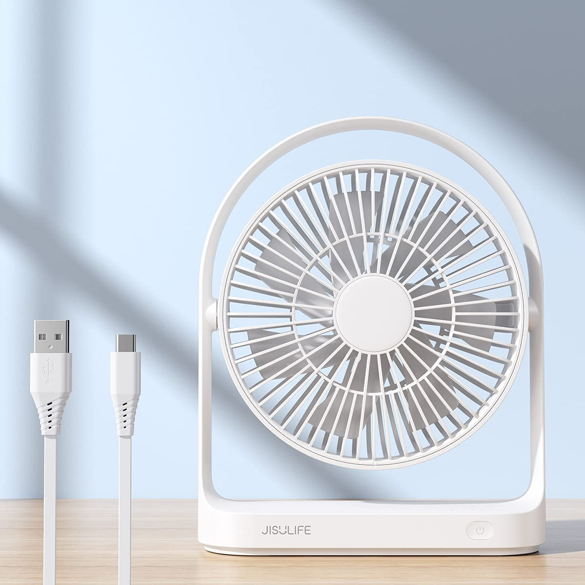 JISULIFE Desk Fan, Small Personal USB Desktop Fan with 4 Speeds, Quiet Operation Mini Portable Table Cooling Fan with Unique Design for Home Desktop Office Table Bedroom, Strong Wind, 330&deg;Rotate-White image number 1