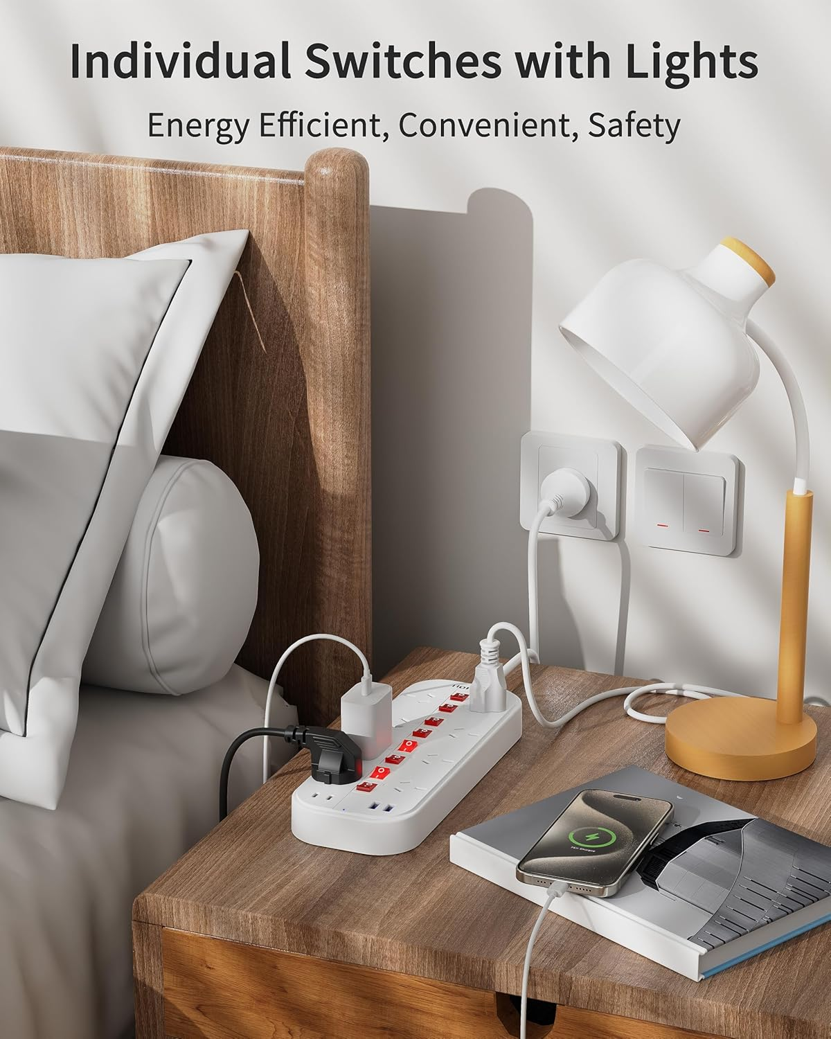 Power Board with Individual Switches, Power Strip with 8 Wide Outlets(2 USB a & 2 USB C), 350J Surge Protection Power Board, Powerboard 10A/2400W, 2M Extension Cord for Home, Office, Hotel