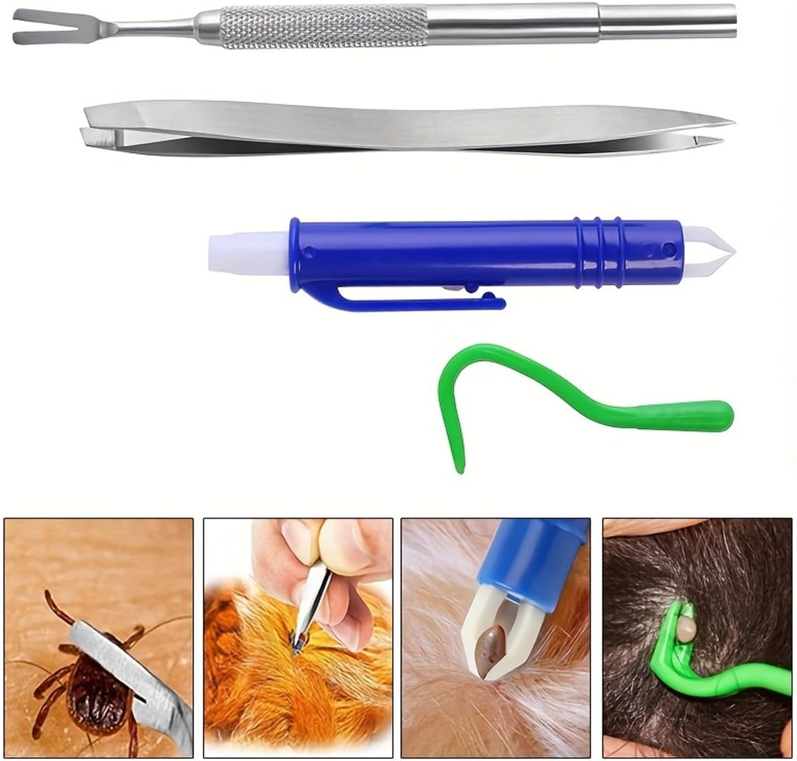 AIMALL 5PCS Tick Removal Kit for Pets, Dog Lice Fork, Flea Hook, Insect Catch Tweezers Set, Professional Pet Grooming Tool