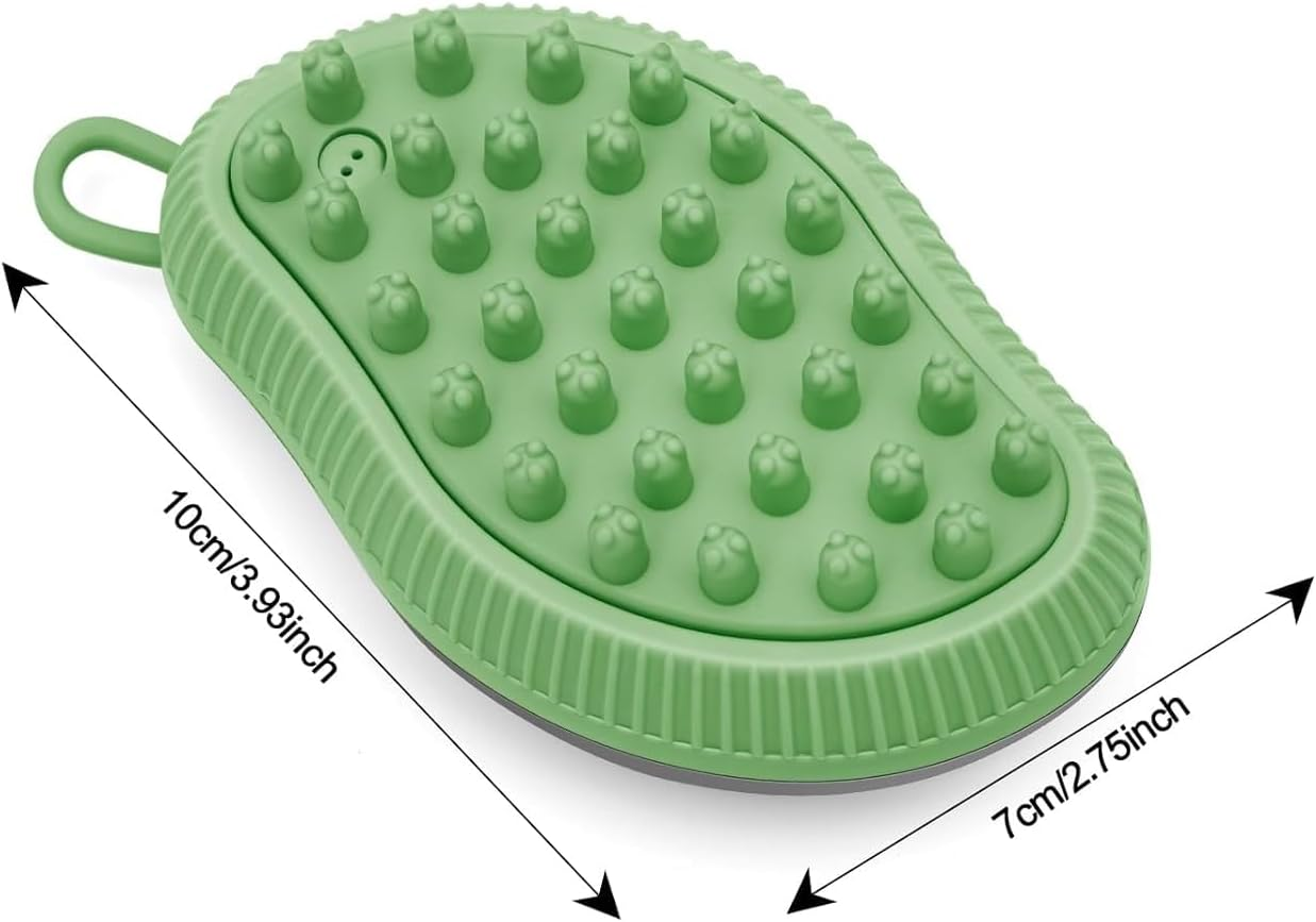 Pet Grooming Bath Massage Brush with Soap and Shampoo Dispenser Soft Silicone Bristle for Long Short Haired Dogs Cats (Green) - Green image number 4