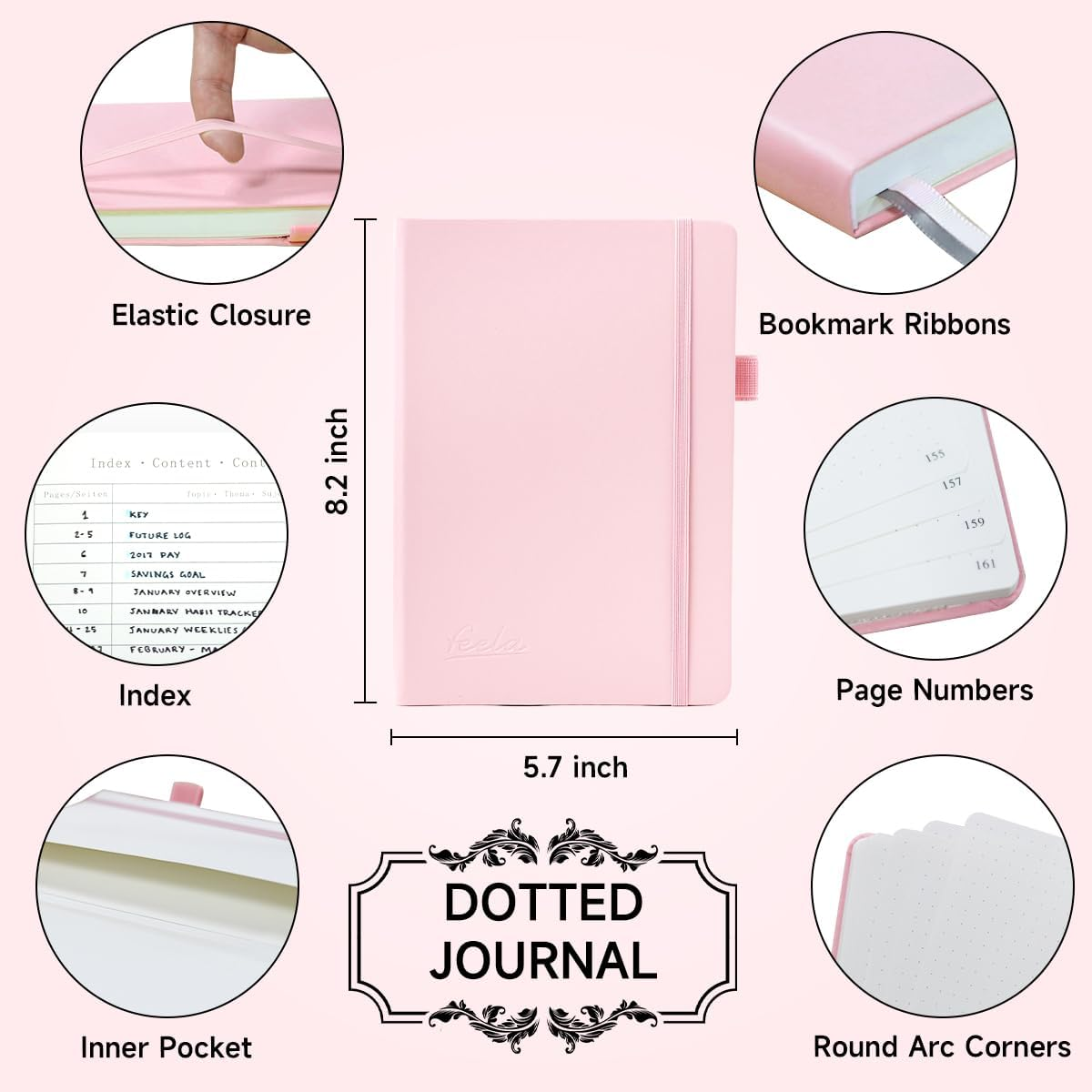 Feela Dotted Journal Kit, Dot Grid Hardcover Journal Notebook Set with Fineliners Stencils Stickers Washi Tapes for Beginners Women Girls Journaling Note Taking Planner Making, A5, 224 Pages, Pink image number 3
