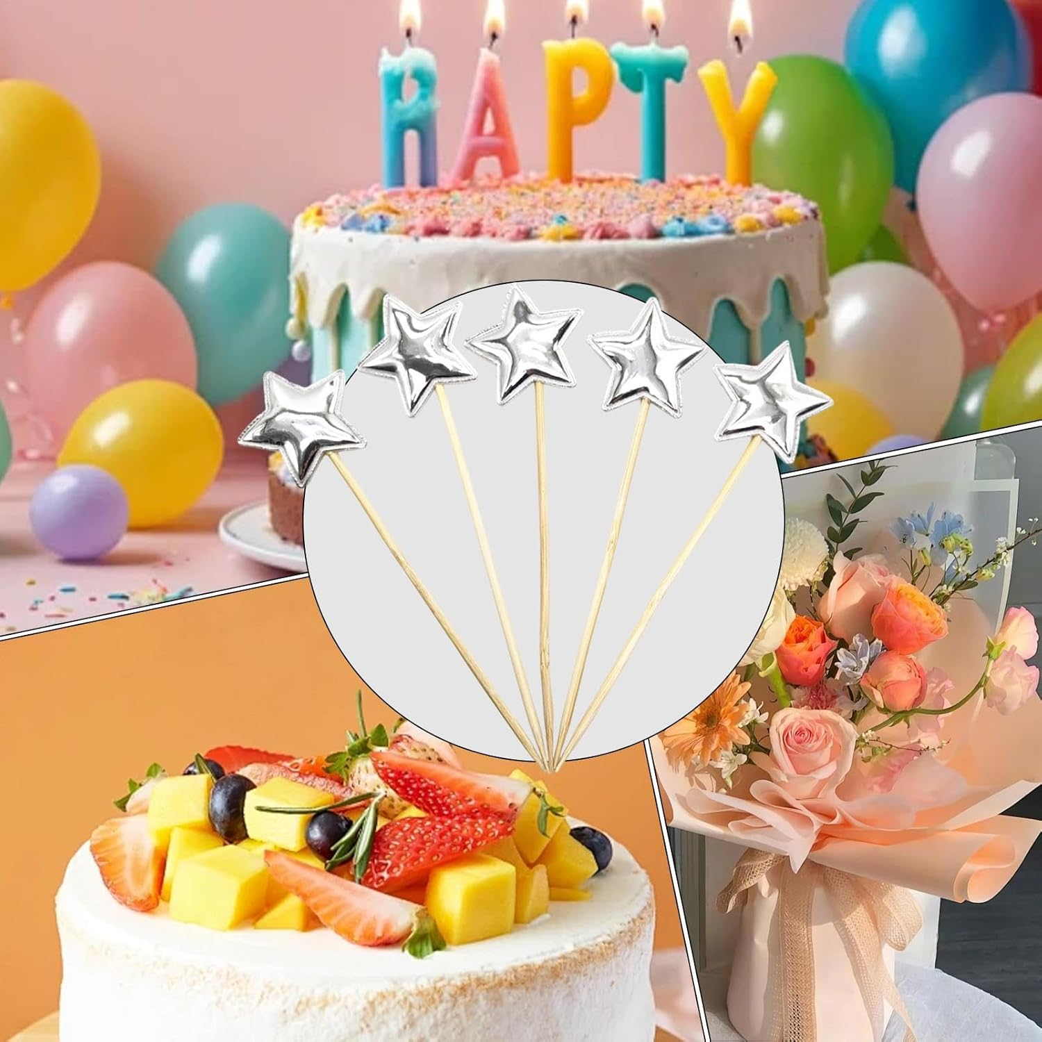 Glitter Star Cake Toppers - 5X Birthday Cake Toppers for Boys - Food-Grade Glitter Decorative Cupcake Picks for Children Birthday Cake Decor