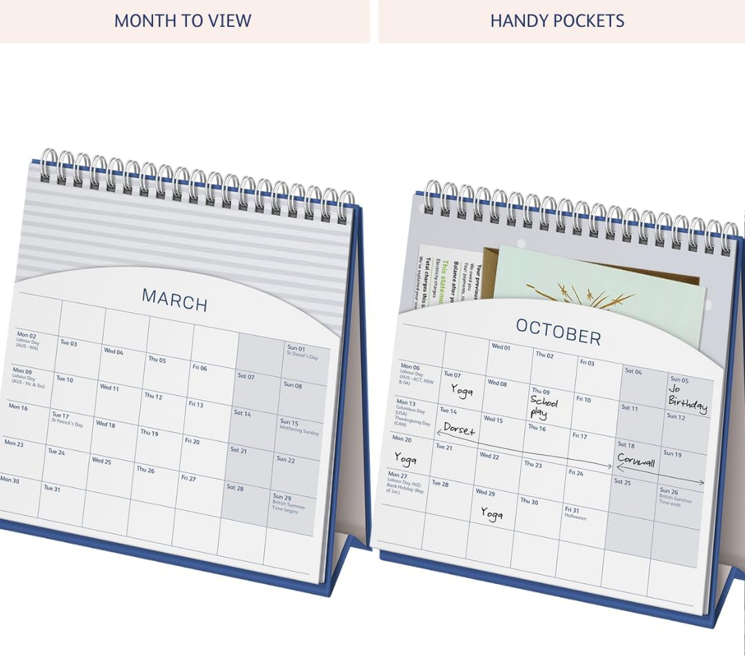 Busy B Desk Calendar - Mid-Year Academic Calendar &ndash; Aug '25 - Aug '26 &ndash; Multi Design - Features Built-In Stand, Flip-Top Binding, Year Planner & Storage Pockets for Organised Planning - 20 X 17Cm