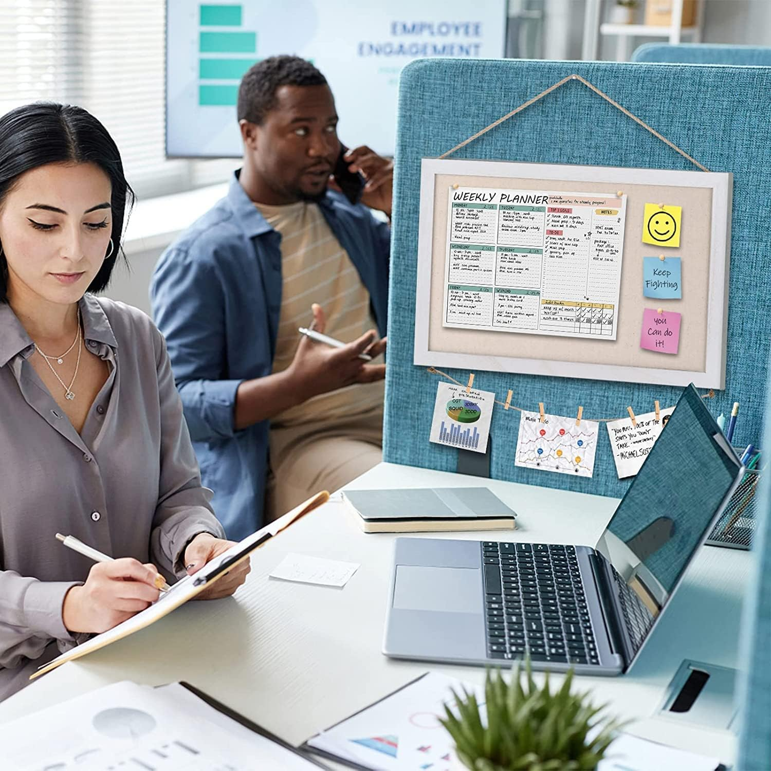 Cork Board Bulletin Board, 16 "X11 White Linen Cork Boards for Walls with White Frame, Pin Board Vision Board for Home Kitchen School Office Decor- 2-Pack (White+Wooden Clip) image number 1